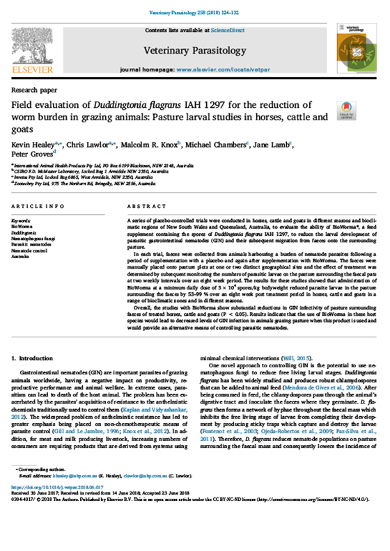 Field evaluation of Duddingtonia flagrans IAH 1297 for the reduction of worm burden in grazing animals: Pasture larval studies in horses, cattle and goats