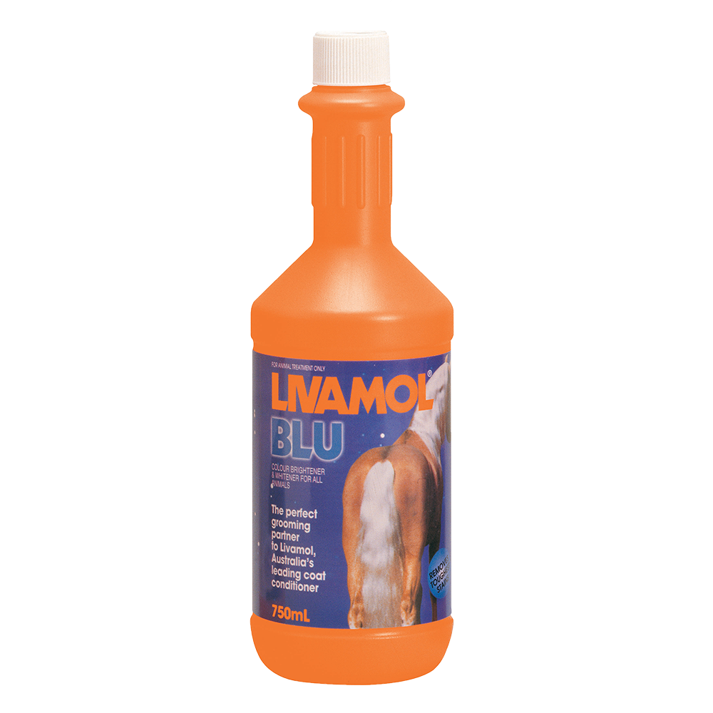 Livamol Blu Horse Coat Supplement Conditioner in Orange Bottle
