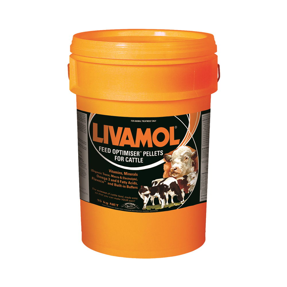 Livamol Feed Additive Optimiser for Cattle in Orange 15kg Bucket