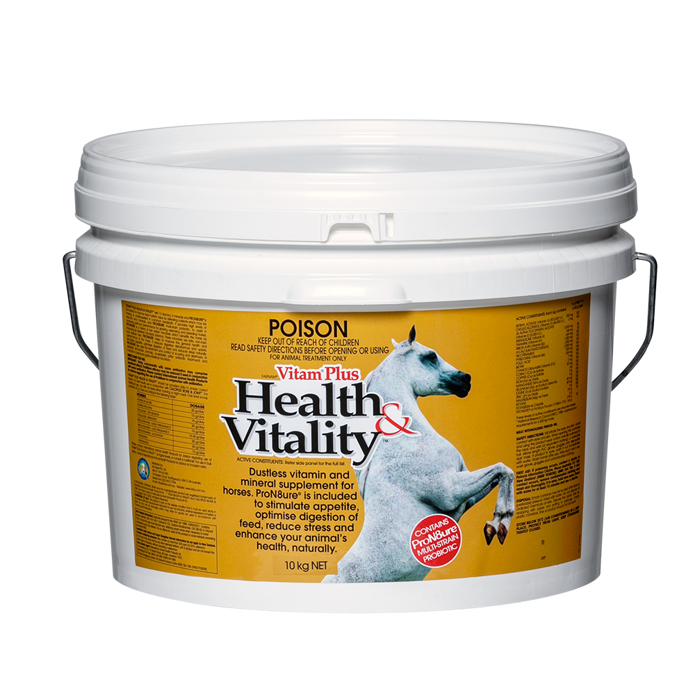 Vitam-Plus Horse Vitamin & Mineral Supplement 10kg Bucket with White Horse on Label