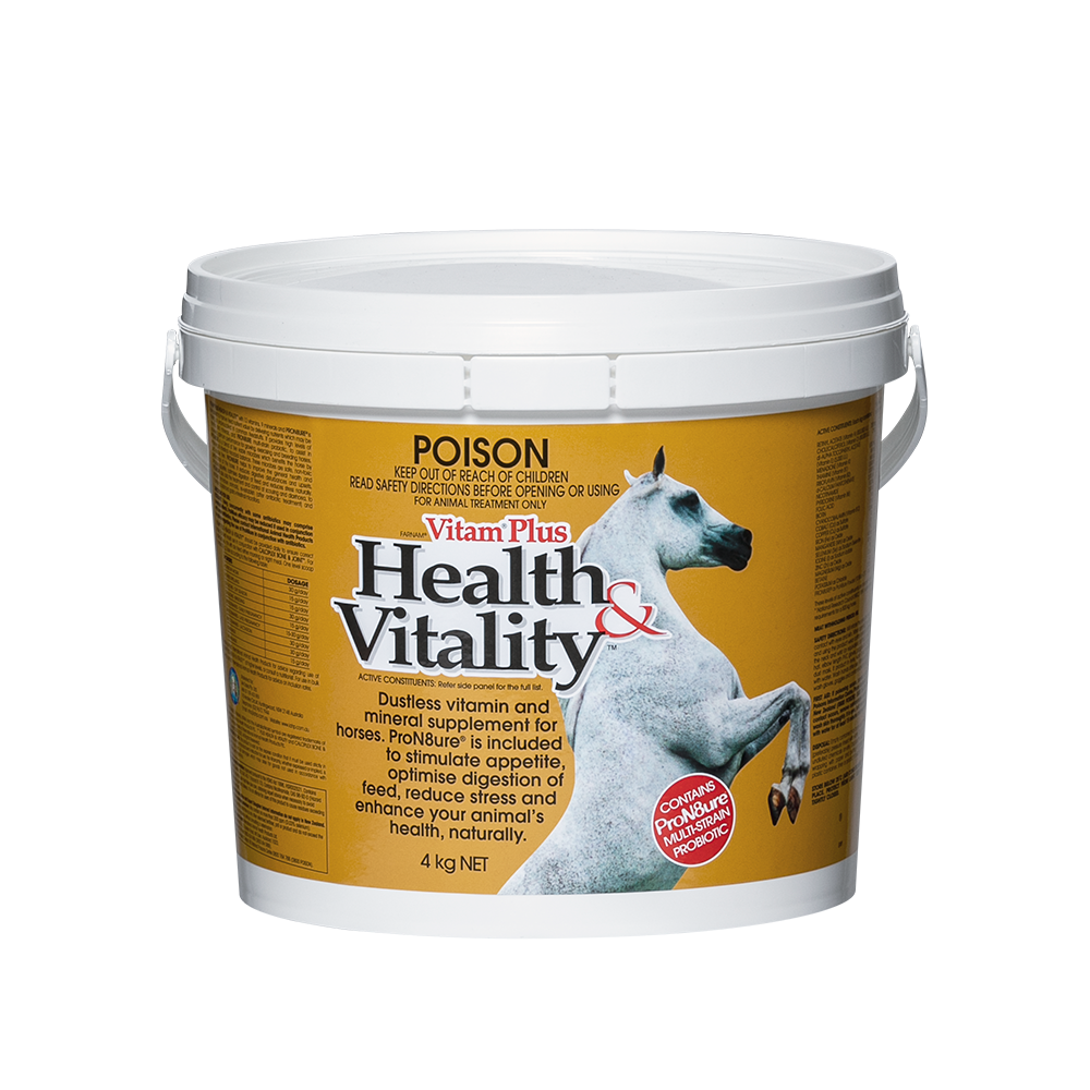 Vitam-Plus Horse Vitamin & Mineral Supplement 4kg Bucket with White Horse on Label