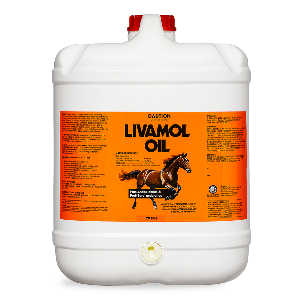 Livamol Oil 1 litre Horse Nutritional Supplement in translucent container