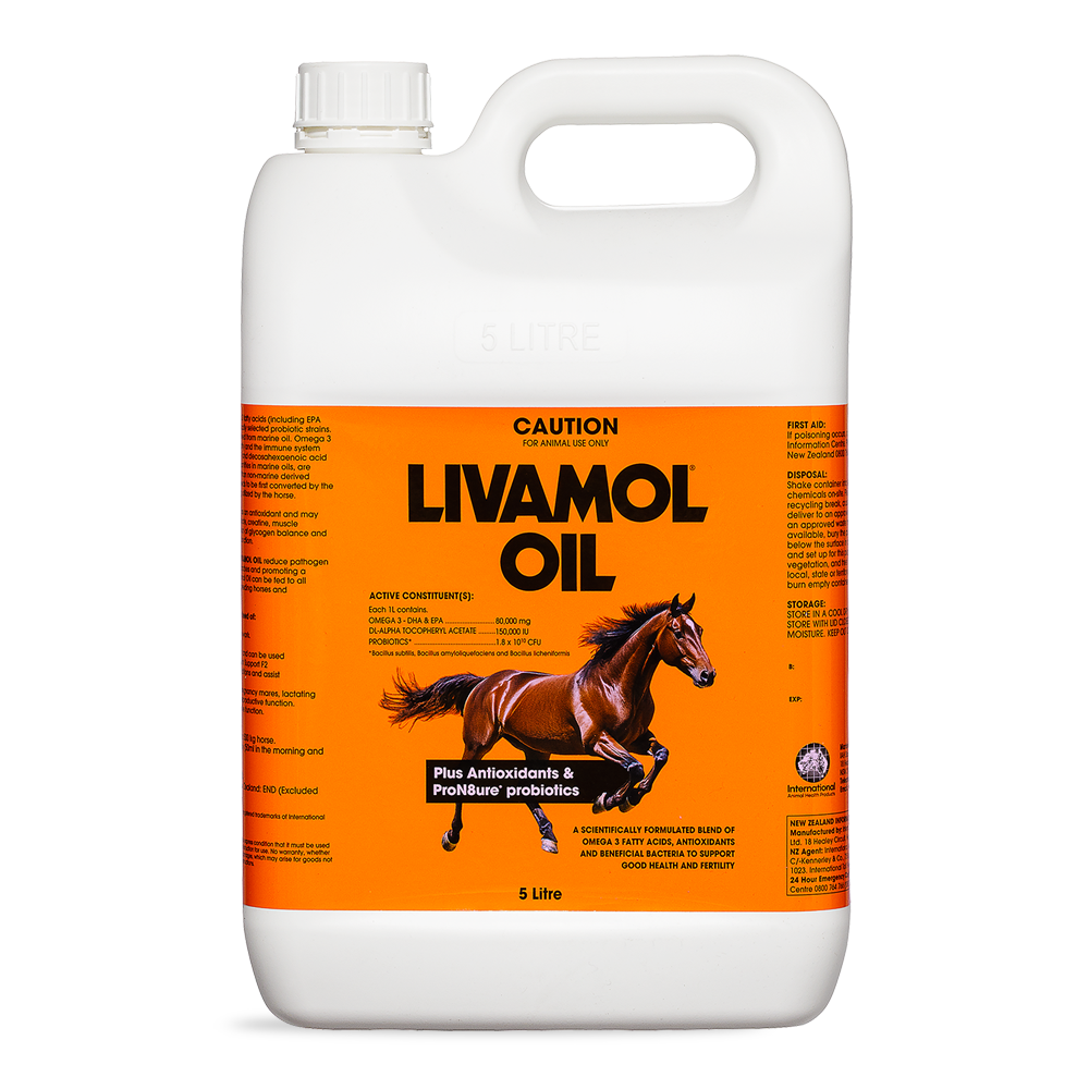 Livamol Oil 5 litre Horse Nutritional Supplement in white container