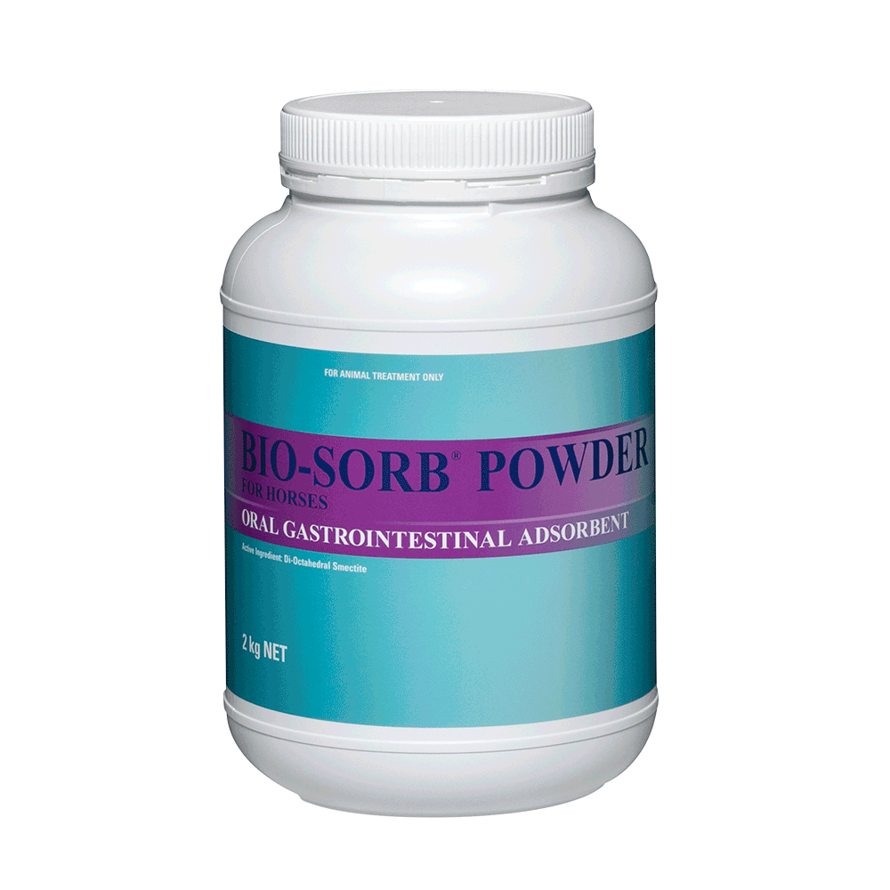 Biosorb Powder in 2kg white screwtop container for Horse & Foal Diarrhoea