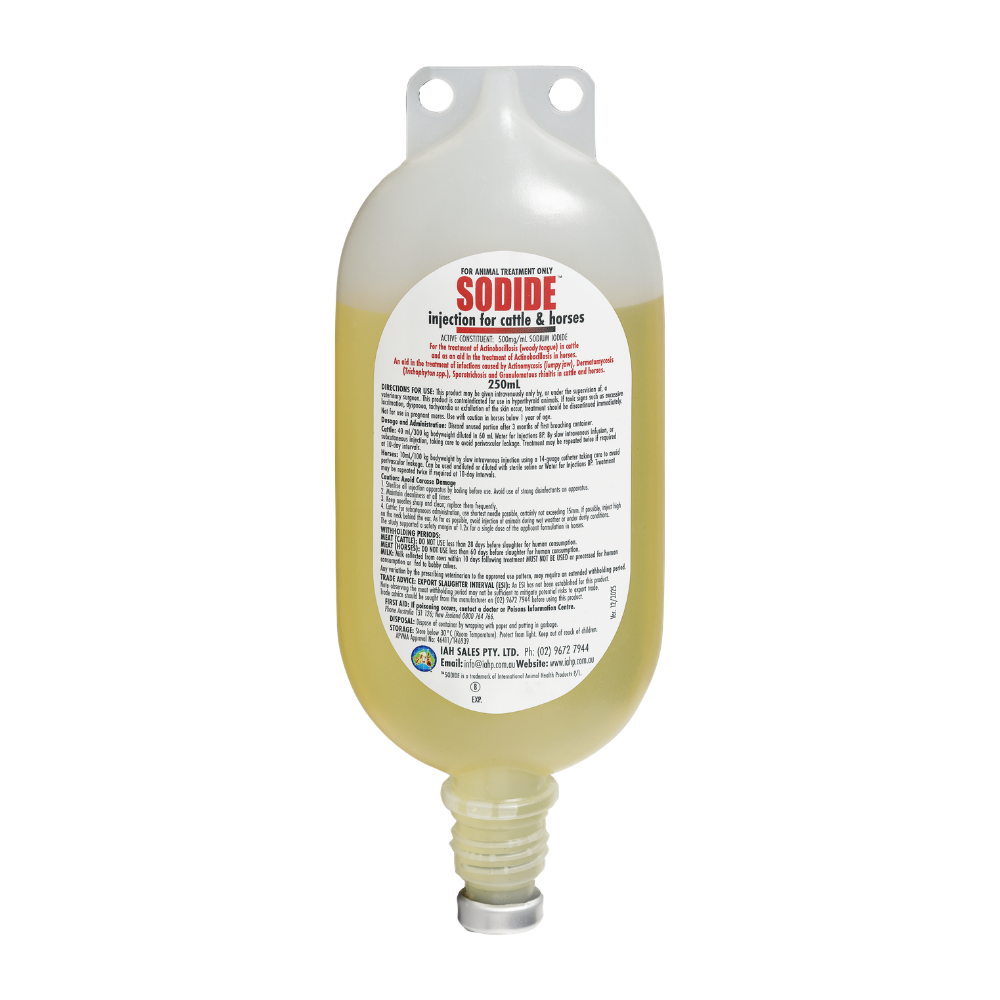 Sodide injection for cattle and horses, shown with 250 mL IV infusion bottle.
